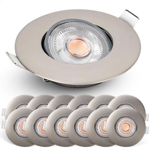 EMOS LED Einbaustrahler 230V dimmbar, 4,9W / 480lm, 50° schwenkbar, warmweiß 2700K | Set mit 12 Stück Einbaustrahler LED Spot ultraflach, rund | Deckenspots LED dimmbar für Innenräume, Farbe silber