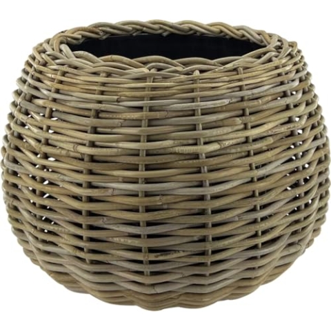 Rattan Drypot Kugel - ø 45 x 34 cm - Runder Pflanztopf - Nachhaltiger Pflanztopf mit recyceltem wasserdichtem Kunststoff-Innenbehälter - Blumentöpfe für Innen - Pflanzenkörbe - Pflanzenhalter - Grau