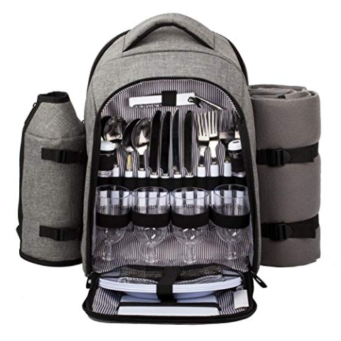 Hap Tim Picknickrucksack 4 Personen Picknickset mit Kühlfach, abnehmbarem Flaschen-/Weinhalter, Fleece-Decke, Teller und Besteck-Set, perfekt für Outdoor, Sport, Wandern, Camping, Grillen (EU-3263)
