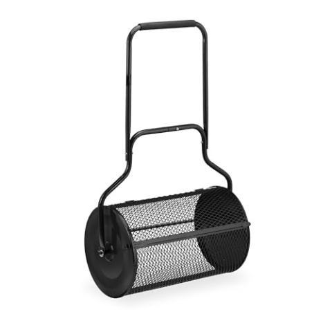 Relaxdays Kompoststreuer für Rasen, Meshkorb 80 L, Gartenstreuer mit Griff, HBT: 118x72x41 cm, Torfmoosstreuer, schwarz