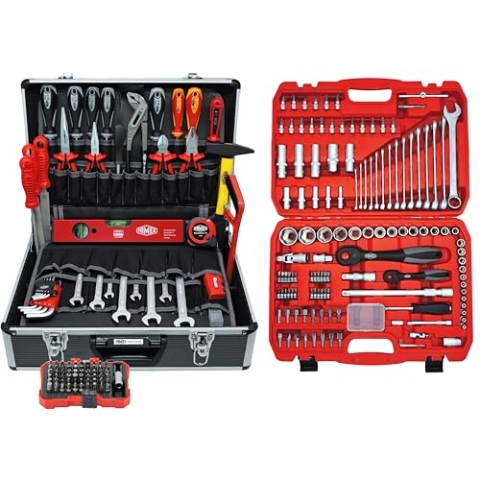 FAMEX 449-45 Universal Werkzeugkoffer 230-teilig, mit umfangreichem Werkzeug-Set bestückt gefüllt, mit Steckschlüsselsatz 4-32mm, Koffer mit Einstecktaschen mit Platz für weiteres Werkzeug