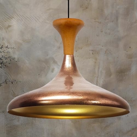 bamyum Champion Pendelleuchte aus Holz, 35 cm Hängelampe Metall E27 Moderne Esstisch Lampe, Skandinavisch Pendellampe für Schlafzimmer Wohnzimmer Küche Esstisch, Küchenlampe Hängend Kupferfarbe