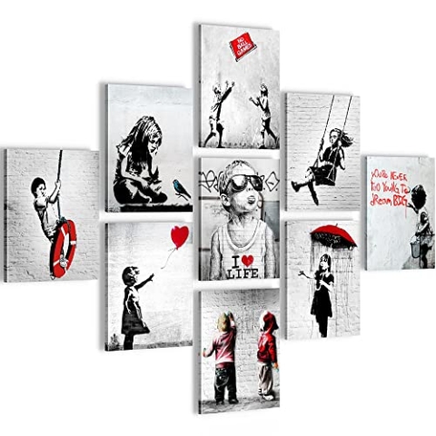Novart Wandbilder Banksy - KOMPLETT AUFHÄNGFERTIG - Collage Loft Wohnzimmer- 9 Moderne Bilder Set - N024991a
