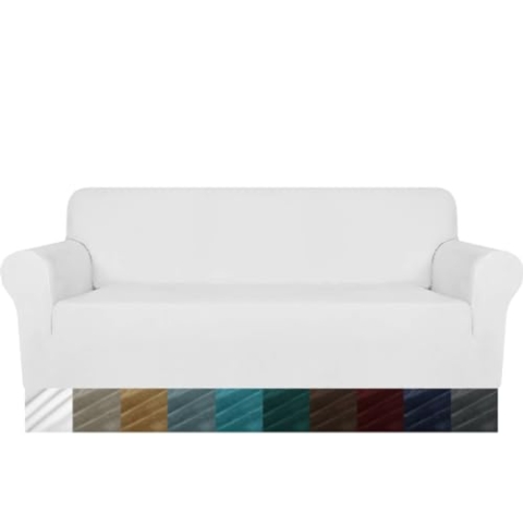 MAXIJIN Thick Velvet Sofabezüge 3-Sitzer Super Stretch rutschfeste Couchbezug für Hunde Katze Haustierfreundlich 1-teilige elastische Möbel Protector Plüsch Sofa Schonbezüge (3 Sitzer, Weiß)