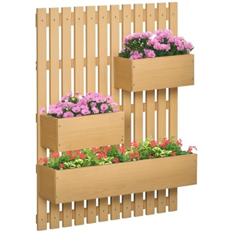 Outsunny Hochbeet Massivholz, Pflanzbeet Frühbeet Gartenbeet mit verstellbarem Blumenkasten, Wand, Pflanzkasten Pflanzkübel 60x16x80cm für Terrasse, Balkon, Gartenspalier für Blumen, Pflanzen, Natur