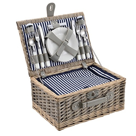 casa.pro Picknickkorb für 4 Personen - Picknick-Set mit Kühltasche inkl. Geschirr, Besteck, Korkenzieher und Gläser (blau-weiß)