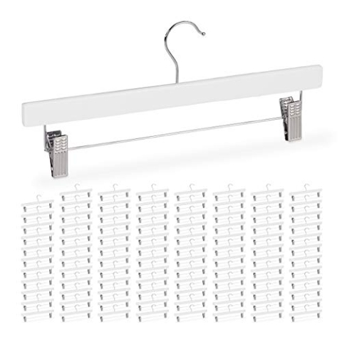 Relaxdays 96 x Hosenbügel Holz, verstellbare & gummierte Clips, 360° drehbarer Haken, Rockbügel, 35,5cm breit, Bügel Set, weiß
