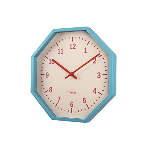 FISURA - Moderne achteckige Wanduhr in Blauer Farbe. Moderne Küchenuhr. Wanduhr ohne tickendes Geräusch. Blaue Wanduhr. 30 Zentimeter im Durchmesser. Holz und Glas. 1 AA-Batterie.