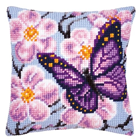 Vervaco Kreuzstich Stickpackungen Kissen Stickerei Set Anfänger Vorgedruckt Lila Schmetterling DIY Set Kreativ Set Für Erwachseneca. 40 x 40 cm Bastelset Handwerker Haus Dekoration