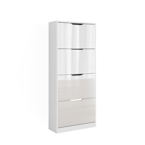 Vicco Schuhkipper Luca, Weiß/Weiß Hochglanz, 59 x 137 cm mit 4 Klappschubladen