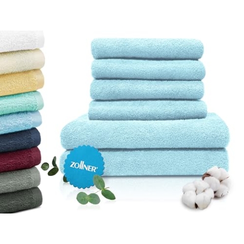ZOLLNER Handtuch Set aus 4 Handtücher 50x100 cm & 2 Duschtücher 70x140 cm - saugstarke und weiche Tücher in hellblau - mit praktischem Aufhänger - waschbar bis 60°C - Baumwolle - Hotelqualität