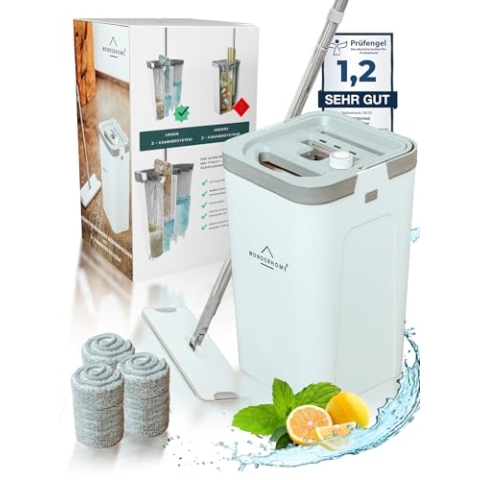 WONDERHOME - Bodenwischer Set mit Eimer - trennt Schmutz - von Frischwasser - innovatives 3 Kammer Wischmop Putzset + Auswringfunktion - Classic [Neu mit verlängerter 140cm Stange bestellen!]