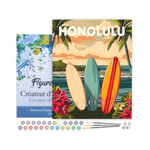 Figured'Art Malen Nach Zahlen Erwachsene Mit Rahmen Reiseposter Honolulu - Paint by Numbers Basteln DIY Bastelset 40x50cm - Leinwand gespannt auf Holzrahmen