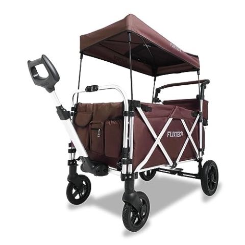 FUXTEC Bollerwagen faltbar FX-CTL950 Braun mit Dach - Transportwagen klappbar | Hecktasche, Komfort-Schiebegriff & Innenraumverlängerung | 5-Punkt-Gurt | Handwagen/Leiterwagen – Das Original