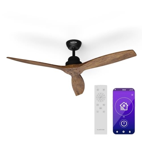 Klarstein Deckenventilator mit Fernbedienung - Smart APP Steuerung, 6 Geschwindigkeiten, Echtholzflügel, energiesparender DC Motor, Sommer- und Winterbetrieb, leiser Lüfter für Schlafzimmer, 132 cm