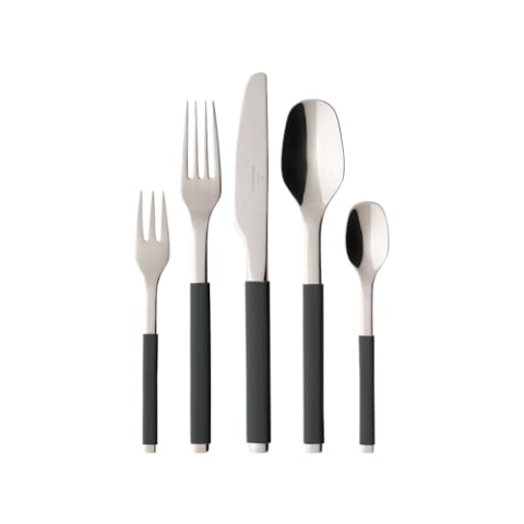 Villeroy und Boch S+ Cosy Grey Tafelbesteck für bis zu 6 Personen, 30-teilig, Edelstahl, Griff mit grauem Silikon ummantelt