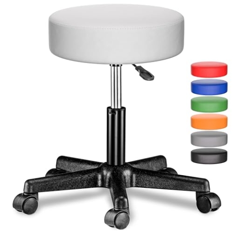 Casaria® Rollhocker Höhenverstellbar 10cm Polsterung 46-60 cm Sitzhöhe 360° Drehbar Ø 35cm Rund Rollen Bürohocker Drehhocker Arbeitshocker Hocker Weiß