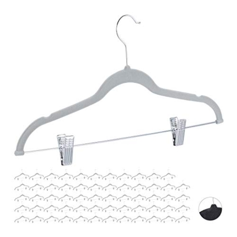 Relaxdays 60 x Samtbügel mit Clips, 360° drehbarer Haken, Hosenbügel, rutschfeste Hemdenbügel, 43 cm breit, Bügel Set Samt, grau