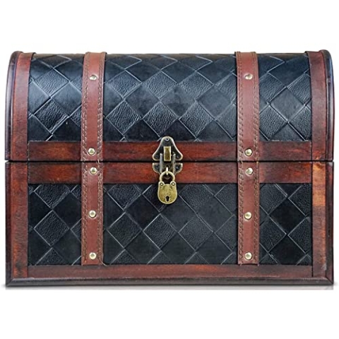 Brynnberg Schatztruhe „Watson 38x23x27“ – Große Schatzkiste mit Henkel, Schwarz Karo Muster Braunes Holz Mit Deckel, Schloss Und Schlüssel, Piratenkiste Verschließbar, Aufbewahrungsbox