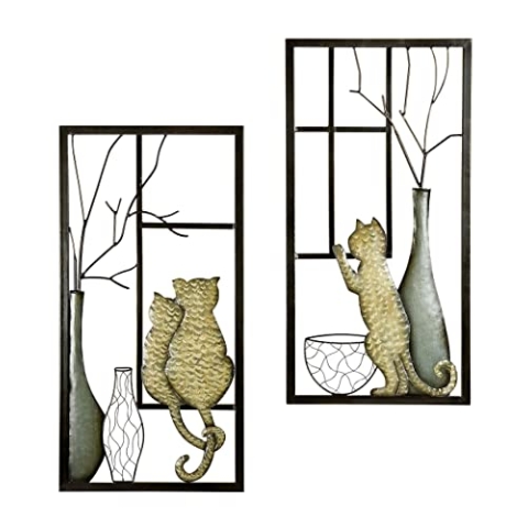 Wandbilder 'Vase/Katze', Metall, 2-teiliges Set, 40 x 80 cm