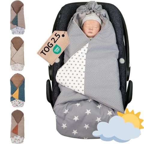 ULLENBOOM Einschlagdecke Babyschale, 100% OEKO-TEX Materialien, Graue Sterne (Made in EU) - Babydecke für Kindersitz oder Kinderwagen, kuschelige Decke für Babys, Ideal für Herbst und Winter