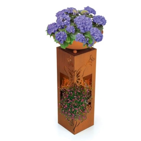 Hoberg LED Pflanzsäule 3D Schmetterling-Design in Rost-Optik | Abnehmbare Pflanzschale (Ø 34cm) | Für In- und Outdoor geeignet | Integrierte Beleuchtung, 6h Timer, kabellos [19 x 19 x 72 cm]