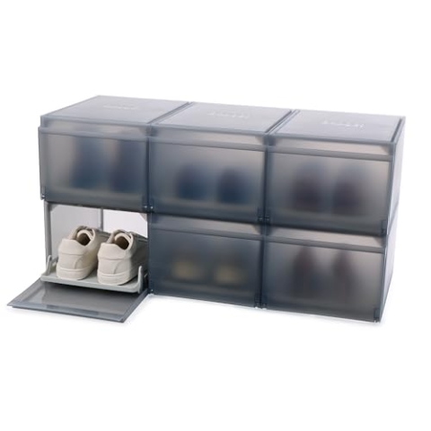 Joseph Joseph ShoeCase Premium Schuhaufbewahrungsbox, mit Klapptür, Staubdicht, Belüftet, Einfacher Aufbau, 6er-Pack, Grau