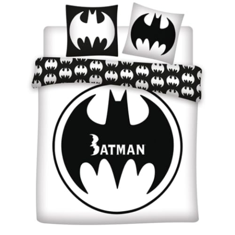 Aymax Bettwäsche für Doppelbett, Batman-Logo, für Doppelbett, wendbarer Bettbezug, 240 x 220 cm + 2 Kopfkissenbezüge 65 x 65 cm, Polycotton, Schwarz und Weiß