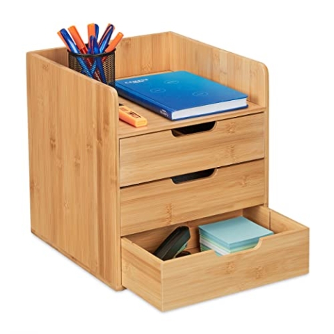 Relaxdays Schreibtisch Organizer, 3 Schubladen, Ablage Büroutensilien, HBT: 33 x 30 x 31 cm, Bambus Schubladenbox, natur