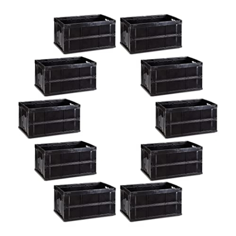 Relaxdays 10x Professionelle Transportbox, stabile Klappboxen, Gewerbe, hochwertiger Kunststoff, Qualität, 60 Liter, schwarz