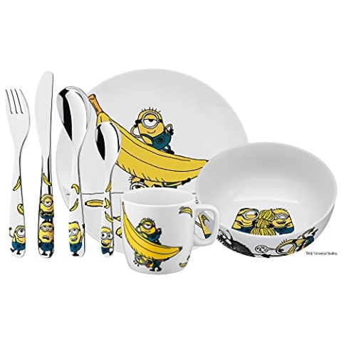 WMF Minions Kinder Geschirrset 7-teilig, Kindergeschirr mit Kinderbesteck Edelstahl, ab 3 Jahre, Cromargan poliert, spülmaschinengeeignet