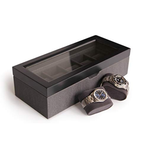 CASE ELEGANCE Uhrenbox, zweifarbig, Fischgrätenmuster, Uhrenbox für Damen/Herren, Aufbewahrungsbox für 5 Uhren, Organizer mit Glasdeckel