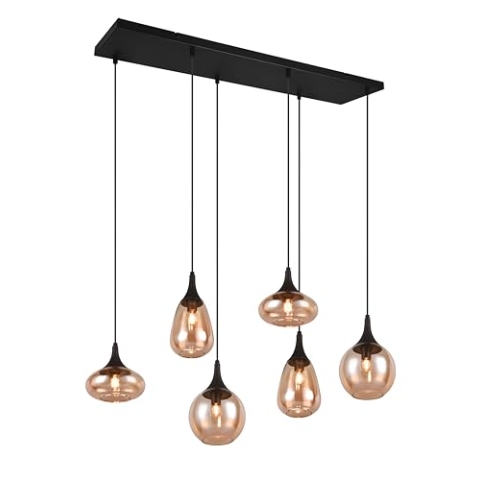 Trio Leuchten Pendelleuchte Lumina 317000613, Metall Schwarz matt, Glas amber, exkl. 6x E14, Bernsteinfarben