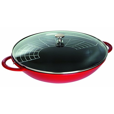 STAUB Gusseisen Wok, Ø 37 cm, Inkl. Glasdeckel und herausnehmbaren Gittereinsatz, für alle Herdarten inkl. Induktion, 5,7 L, Kirschrot