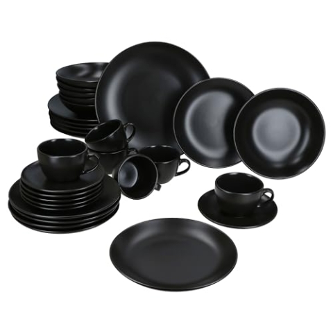 MamboCat Panther 30tlg Kombiservice I matt schwarzes Steingut-Geschirrset für 6 Personen I Je 6x Kaffeetassen 160ml, Untertassen, Kuchenteller, Suppenteller 420ml & Speiseteller