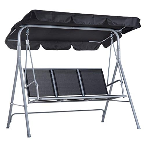 Outsunny Hollywoodschaukel mit verstellbarem Sonnendach, 3-Sitzer Gartenschaukel mit Anti-Rutsch-Füßen, Schaukelbank belastbar bis 240 kg, Gartenliege für Garten, Terasse, 170x110x153cm, Grau+Schwarz