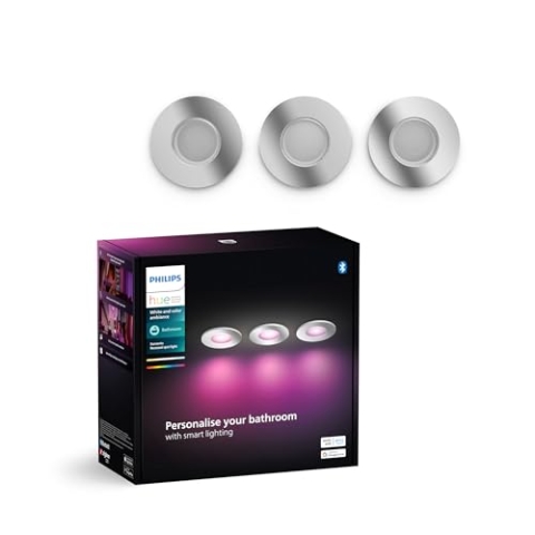 Philips Hue White & Color Ambiance Xamento Einbauspots 3er Pack (1.050 lm), dimmbare Badezimmerlampen mit 16 Mio. Farben, smarte Lichtsteuerung über Sprache und App, silber, neue Generation