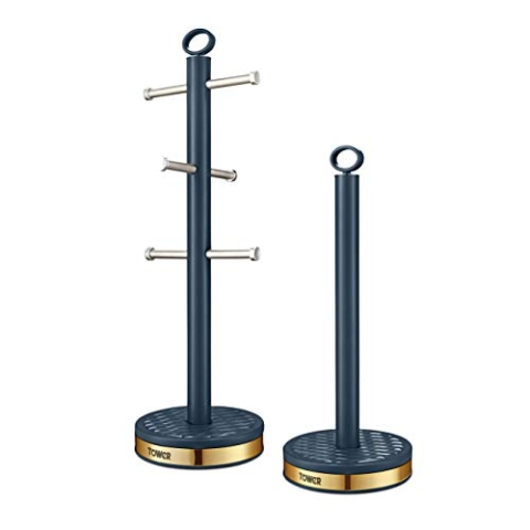 Tower T826092MNB Empire Becherbaum und Handtuchstange Set, Edelstahl, rutschfest, Mitternachtsblau und Messing