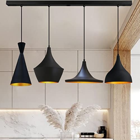 bamyum Magna Pendelleuchte Esstisch 4 Flammig Schwarz Gold, Hängelampe Esstisch Vintage, Esstischlampe, Lampenschirm Hängelampe Schwarz Gold, Pendelleuchte Esstisch Wohnzimmer Esszimmerlampe Vintage