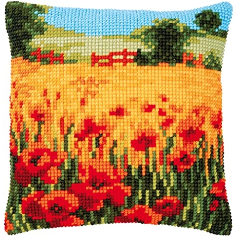 Vervaco Kreuzstich Stickpackungen Kissen Stickerei Set Anfänger Vorgedruckt Mohnblumen Landschaft DIY Set Kreativ Set Für Erwachseneca. 40 x 40 cm Bastelset Handwerker Haus Dekoration