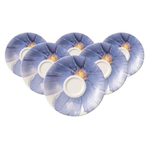Villeroy & Boch Mariefleur Gris Basic Mokka-/Espresso-Untertassen 6er Set, 12 cm, Kleiner Unterteller mit Blumen-Dekor, Premium Porzellan, Weiß/Bunt