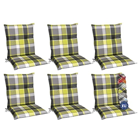 Beautissu 6er Set Sunny GR Niedriglehner Auflagen Set für Gartenstühle 100x50 cm Polster in Grün Kariert - Bequeme Gartenstuhl Stuhlkissen Polsterauflagen mit UV-Lichtecht