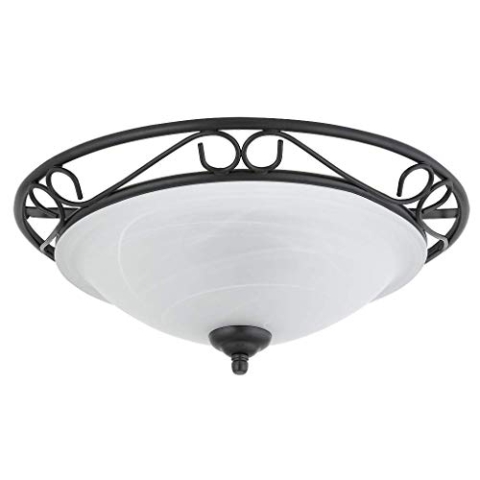 Mediterrane Deckenlampe aus weißem Alabasterglas mit schwarzem Metallgestell in Schmiedeoptik 37 cm Durchmesser