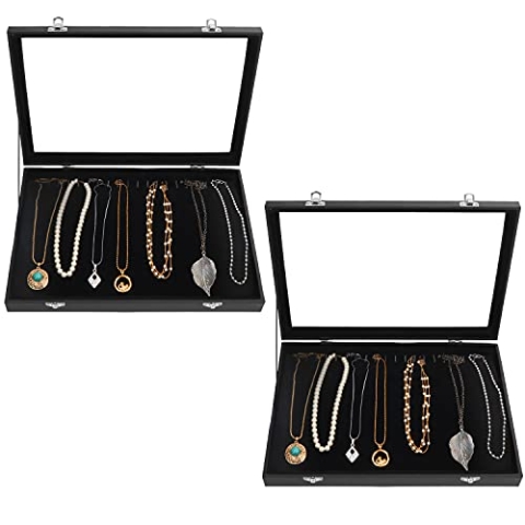 Kurtzy Jewelry Organizer Schmuckkasten Schwarz, Samt Box Glas Deckel Verschließbar & 20 Haken (2Stk) – Schmuckaufbewahrung Stapelbar Schmuckschatulle Schubladen Ketten Aufbewahrung, Armband, Ohrringe
