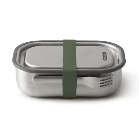 BLACK + BLUM Lunchbox Edelstahl 1L | Olive | 3-in-1 | Vakuumverschluss- 100% auslaufsicher | inkl. Göffel, Silikonband & Innenteiler | Ofen-& Gefriergeeignet | 20x14x6 cm | Brotdose mit Fächern