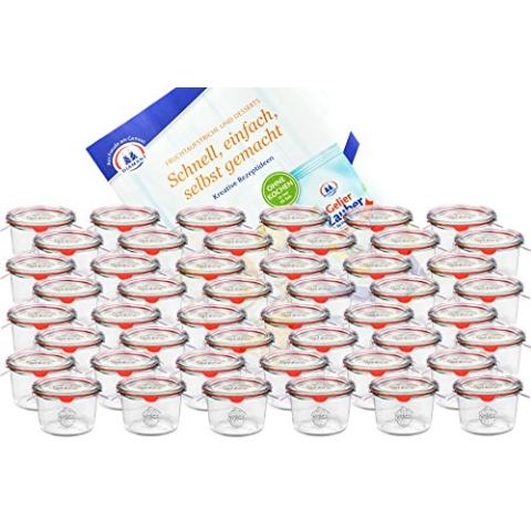 MamboCat 48er Set Weck Gläser 80ml Sturzgläser mit 48 Glasdeckeln, 48 Einkochringen und 96 Klammern inkl. Diamant-Zucker Gelierzauber Rezeptheft I Original Weck Sturzgläser für Kuchen Gelees UVM