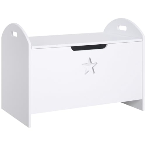 HOMCOM Spielzeugkiste aus Holz Sitzbank für Kinder Sitztruhe Aufbewahrungsbox für Kinderzimmer Bücher Spielzeug Spieltruhe für Kinder Sicherheitsscharnier Weiß 62 x 40 x 46,5 cm