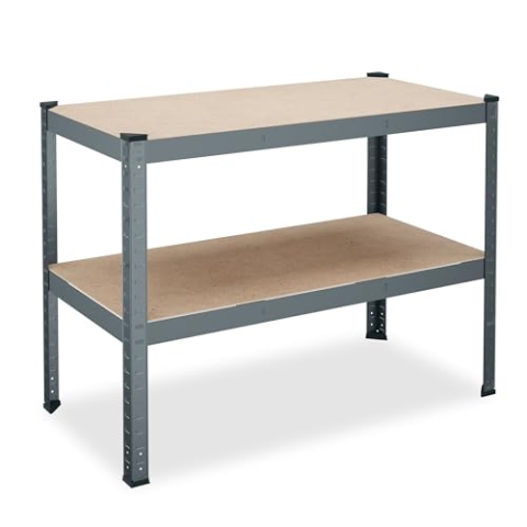 Relaxdays Werkbank, 150kg, HxBxT: 90x120x60 cm, 2 verstellbare Ebenen, Werktisch, Stahl & MDF, Werkstattregal, anthrazit