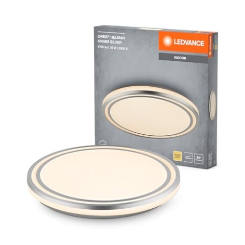 LEDVANCE ORBIS Helman Deckenleuchte mit LED, weiß/silber, 36W, 2500lm, 3000K, 830 freundliches Warmweiß, 485mm Durchmesser, Montageschrauben und Dübel inklusive