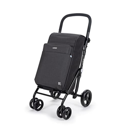 Carlett - Einkaufswagen, Faltbarer Supermarkt-Trolley, mit 4 regenfesten Rädern und einem großen Fassungsvermögen von 32kg, Haupttasche 64L, Thermotasche 12L und Hecktasche - Farbe Schwarz